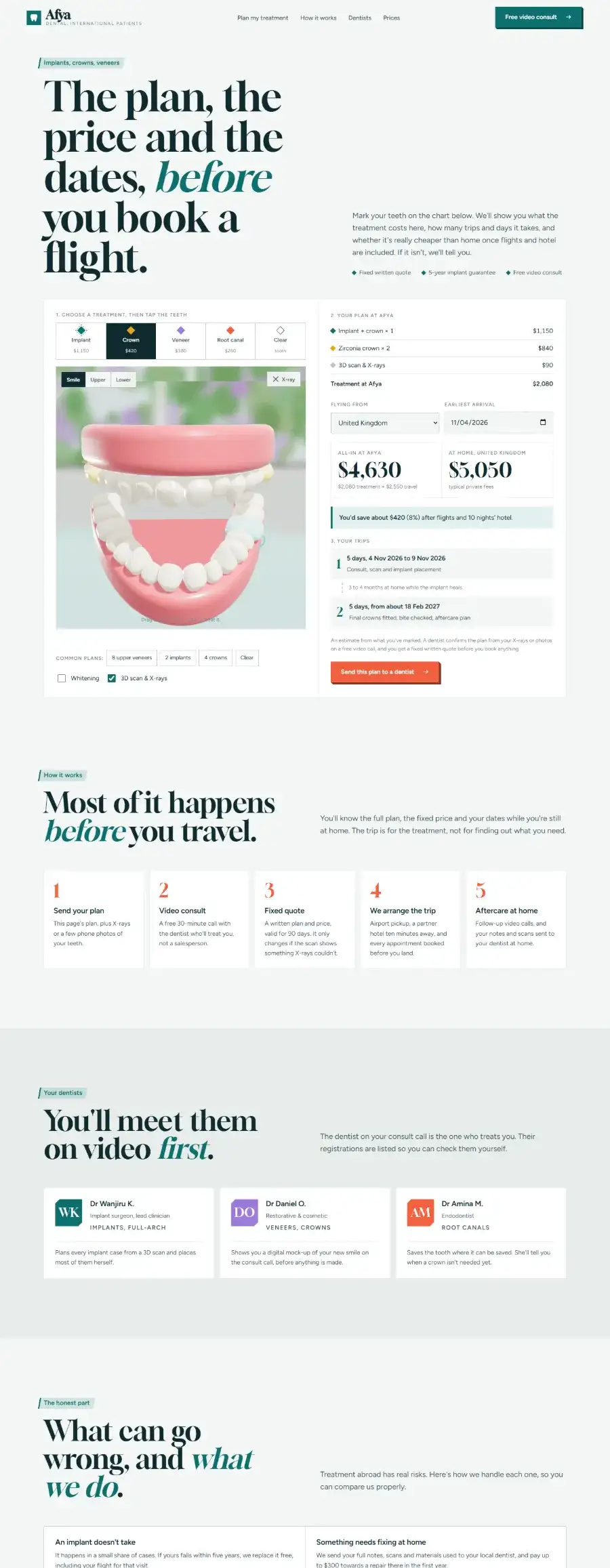 Afya: a dental clinic site where patients mark their teeth and see the plan, trips and all-in cost