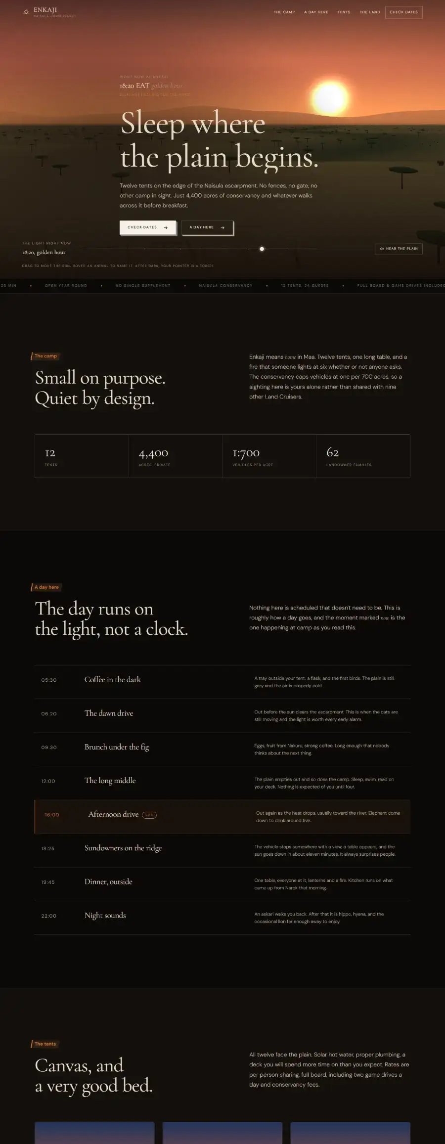 Enkaji: a safari camp site whose landing view runs on the real time of day