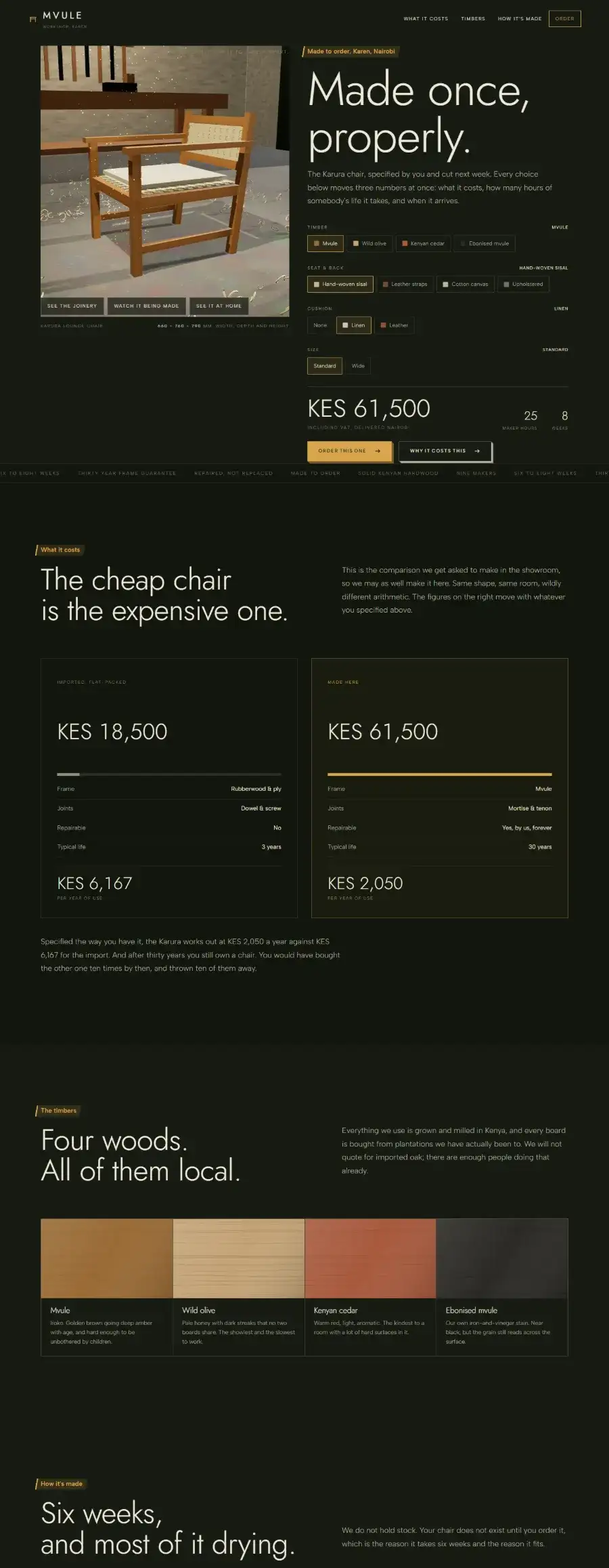 Mvule: a furniture configurator that shows maker-hours alongside the price