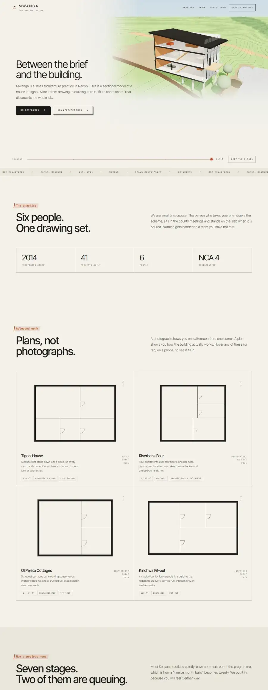 Mwanga: an architecture site whose section scrubs from drawing to finished building