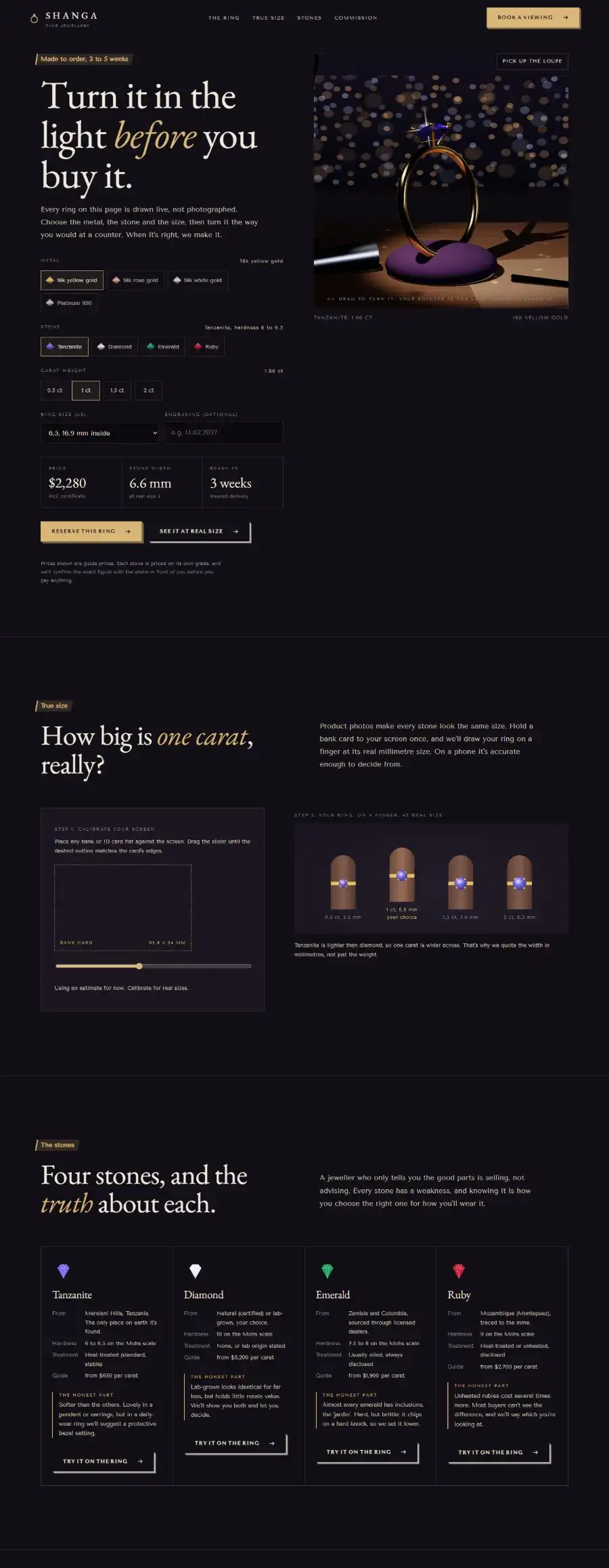 Shanga: a jewellery site where the ring is rendered live and shown at true size