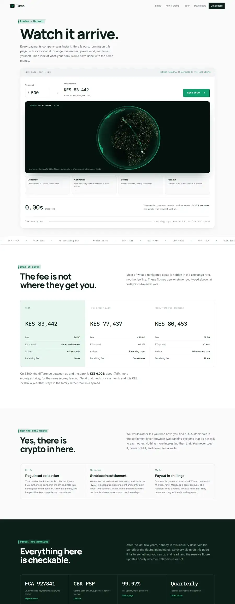 Tuma: a payments site that runs a settlement on a real clock instead of claiming speed